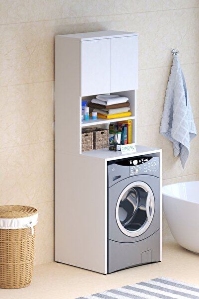 PİMDEC Çamaşır Kurutma Makinesi 3 Raflı Kapaklı Banyo Dolabı Beyaz Çok Amaçlı...