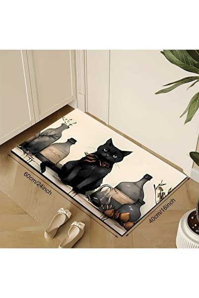 Else Dekor Çiçekli Kedi Desenli Tezgah Önü Kaymaz Taban Yıkanabilir Mutfak Pa...