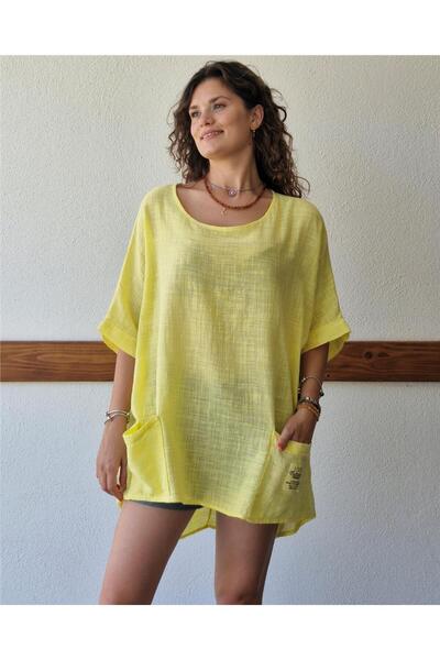 ByEnBi Yellow Linen Tunic - Pockets and Short Sleeves, Italian Std