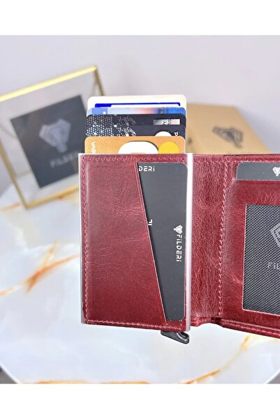 Fil Deri Mechanized Women's Wallet Genuine Leather Automatic Card Holder Claret Red Color 2001