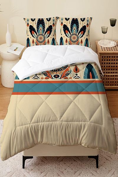 3D ELSE HALI Double Colorful Feathers Patterned Microfiber Quilted Sleeping Set - Quilt and Pillow