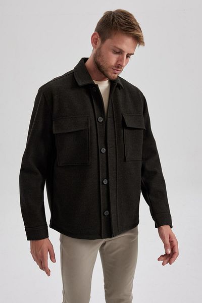 DeFacto Relax Fit Polo Neck Button Pocket Stamp Long Sleeve Shirt Jacket A5114Ax23Au