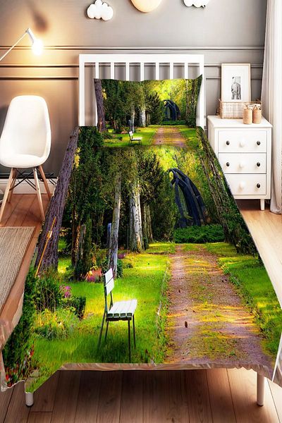 Else Dekor Forest Bench Patterned Digital Printed - Single Children's Bedspread and Pillowcase