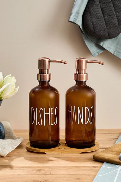 Karçiçeği Home Amber Σετ 2 Γυάλινων Σαπουνιών-Δίσκος Μπαμπού και Χάλκινο Σχέδιο