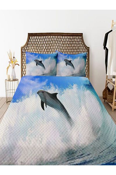 Else Dekor Σετ κρεβατιού Dolphin Sea Pattern Printed - Διπλό Σετ Κρεβατιού Πικέ με Μαξιλάρια