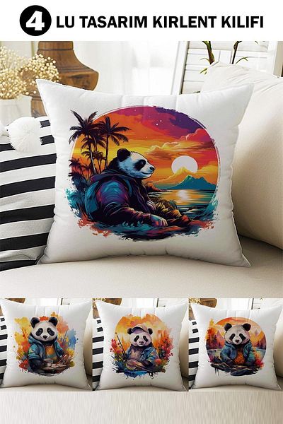 Else Halı Set de 4 huse de pernă cu modele de panda colorate, imprimate digital, cadou