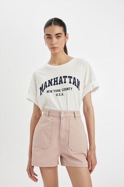 DeFacto Oversize Wide Fit Crew Neck Potištěné česané bavlněné tričko s krátkým rukávem D1916ax24sm