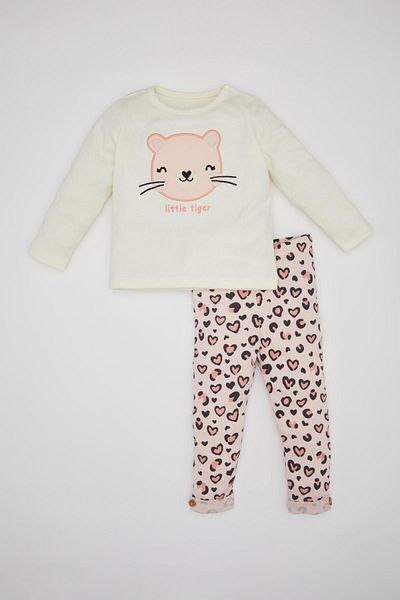 DeFacto 2-Piece Set for Baby Girl - Crew Neck Print Long Sleeve T-Shirt and Leopard Print Leggings C1613A524Sp