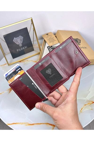 Fil Deri Genuine Leather Automatic Card Holder Wallet with Mechanism