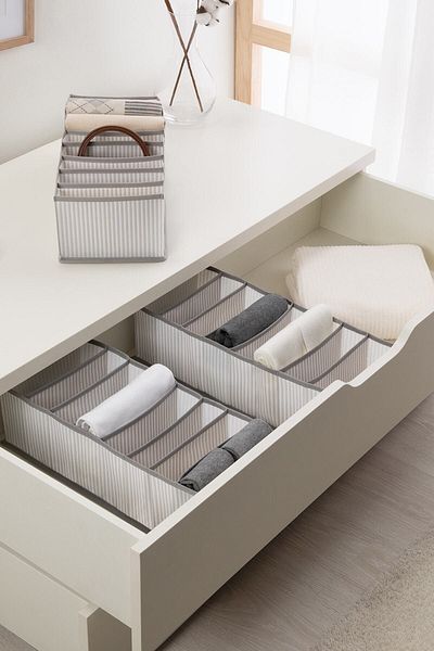 Ocean Home Textile 3 Pieces 8 Compartments Gray Striped Cabinet Drawer Inside Accordion Type Folding Laundry Organizer