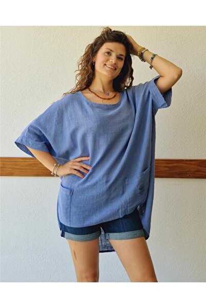 ByEnBi Blue Linen Tunic - Pockets and Short Sleeves, Italian Style