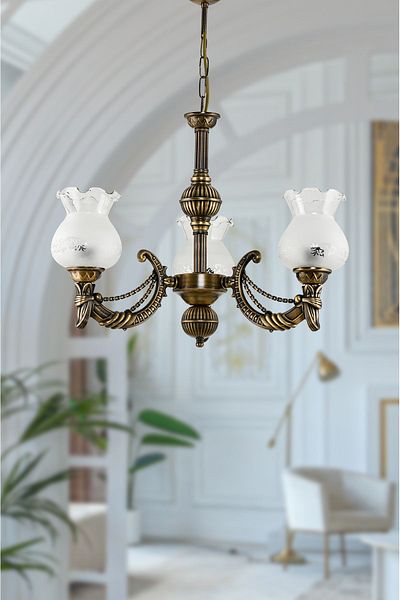 DEDE THREE ARM METAL WASHED CADENA CASTED ZAMAK CHANDELIER WITH MATTE WHITE GLASS