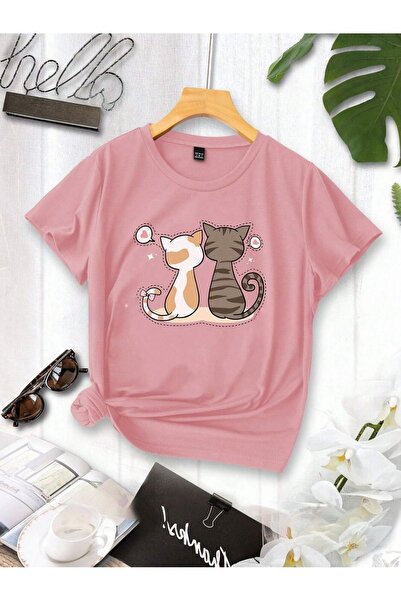 StartMore Tricou de damă oversize cu imprimeu pisică la piept