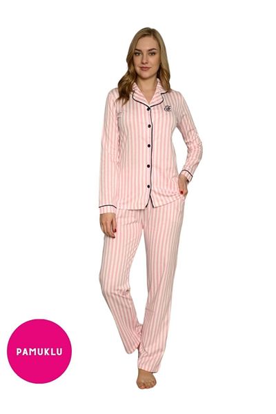 BIES Set pijamale de sezon din bumbac cu dungi roz și albe - Lycra - cu nasturi în față, guler cămăși, mânecă lungă