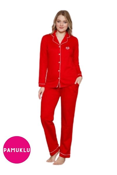 bie's Red and White Cotton Lycra Seasonal Pajamas Set - Shirt Collar, Long Sleeve, Buttoned Front