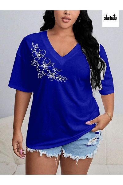 QUEENSTOWN Saks Blue Floral V-nyakú Oversize női póló - strup 00000135