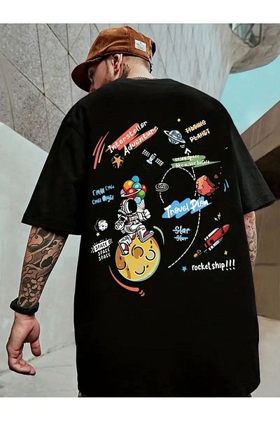 QUEENSTOWN Unisex Μαύρο μπλουζάκι Oversize - Στρούπα με στάμπα στο στήθος και στην πλάτη 0000000000054