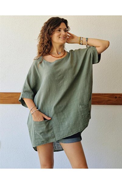 ByEnBi Khaki Linen Tunic - Pockets and Short Sleeves, Italian Std