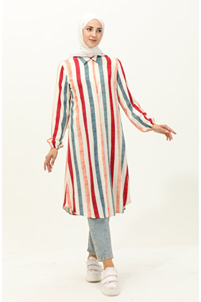 sefamerve تونيك فيسكوز مخطط باللون الكريمي العنابي - 2041-01