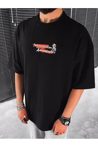 QUEENSTOWN Unisex Μαύρο μπλουζάκι Oversize - Στρούπα με στάμπα στο στήθος και στην πλάτη 0000000000054