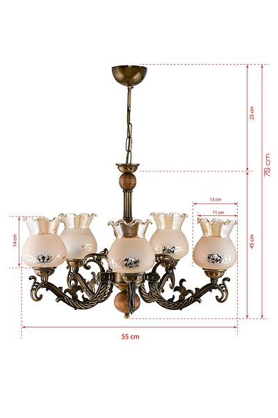 DEDE FIVE ARM WOODEN WASHED ELBE ZAMAK CHANDELIER WITH HONEY COLOR GLASS