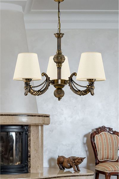 DEDE THREE ARM METAL WASHED CADENA CASTED ZAMAK CHANDELIER WITH CREAM HAT