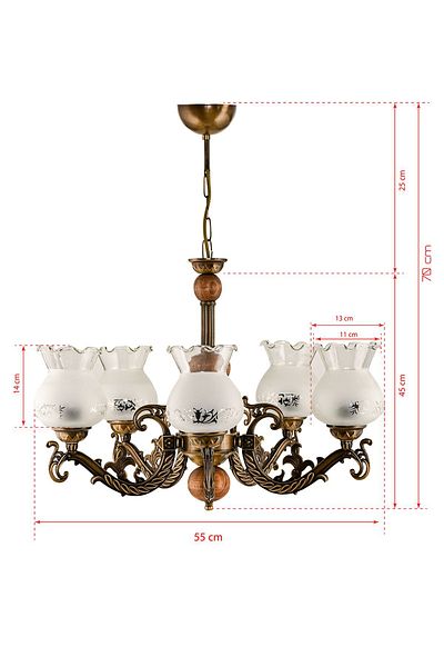 DEDE FIVE SLEEVE WOODEN WASHED ELBE ZAMAK CHANDELIER WITH MATTE WHITE GLASS
