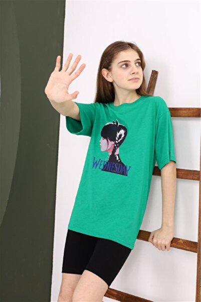 MonCherry Tricou verde cu imprimeu miercuri pentru fete