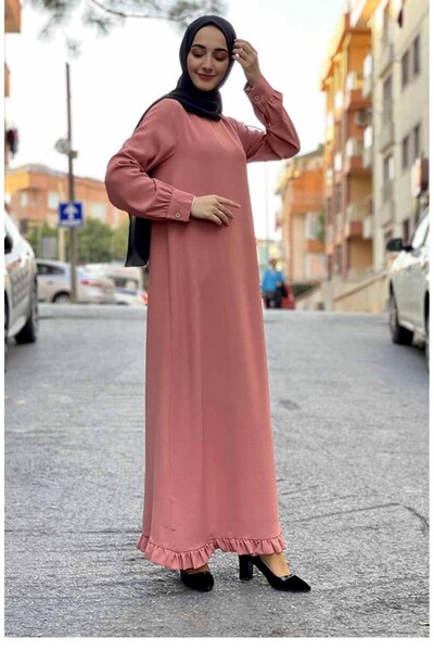 sefamerve Ruffled Hem Aerobin Dress Dusty Rose - Seasonal Crew Neck Dress