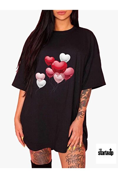 QUEENSTOWN Μαύρο Basic T-Shirt - Μπλουζάκι με στάμπα με καρδιά και μπαλόνι στ...