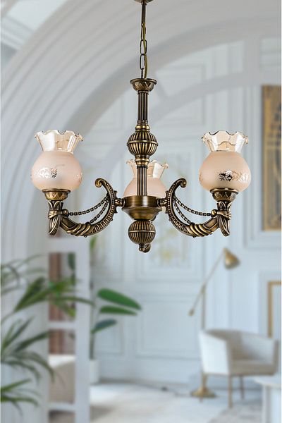 DEDE THREE ARM METAL TUMBLED CADENA CASTED ZAMAK CHANDELIER MATTE HONEY GLASS