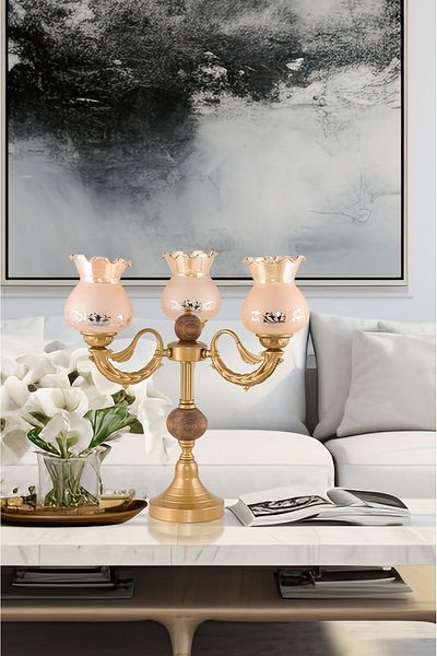 DEDE Honey Colored Glass Triple Lampshade Antique Table Lamp