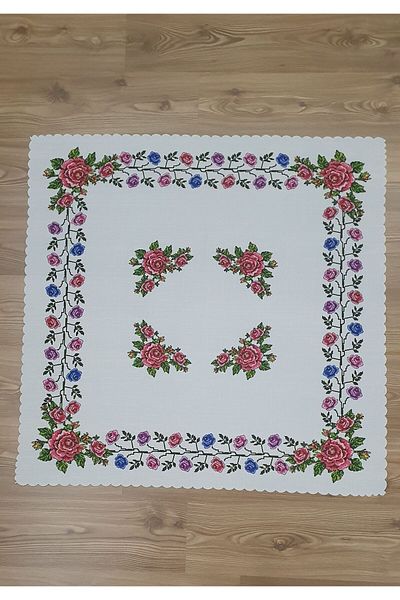 WENESSİ Colorful Rose Cross Stitch Patterned Printed Polyester Fabric Fiskos Cover (95×95cm)