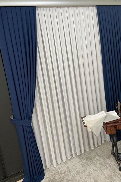 VOLPER MEKANİK Linen Background Curtain 1 Piece Single Wing 1 X 2.5 Pleat Navy Blue Color Renso