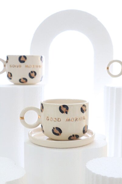ada mia seramik Good Morning Leopard Patterned Ceramic Mug - 24k Gold Decorated, 200ml Handmade