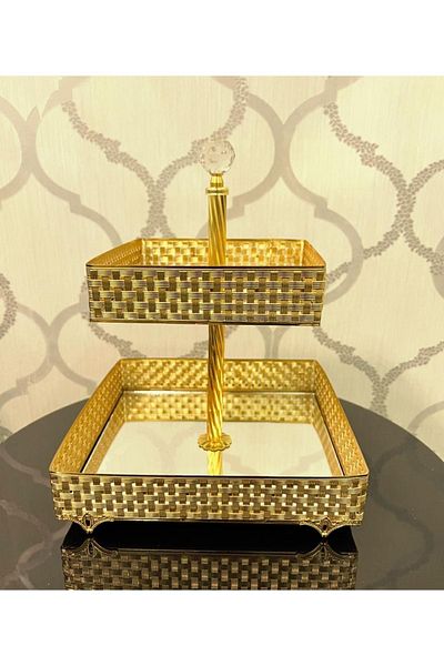 AKMETAL Hürrem Mirrored Gold Color Two-Layer Square Belt Holiday Candy Holder Chocolate Holder