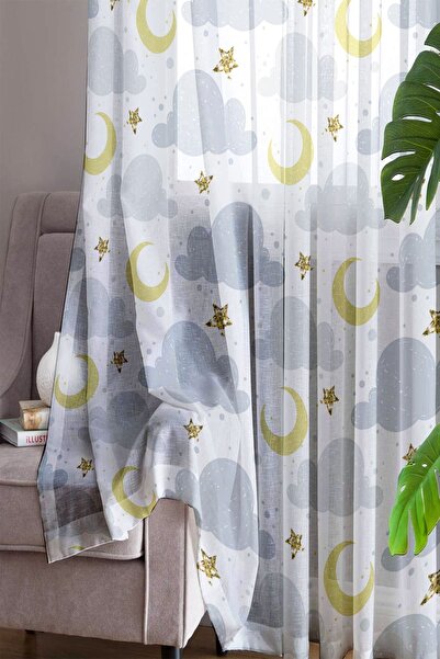 Else Dekor Moon Star Patterned Clouds Single Wing Tulle Curtain - Children's Baby Room Decorative