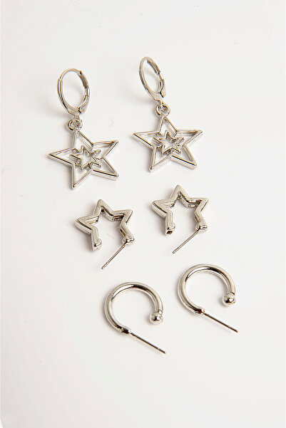 EUROMODA Yıldız Tasarımlı İnci Top Halka ve Tektaş Küpeli 6lı Küpe Seti