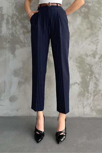 macharel jeans women's narrow leg pleated belt seasonal fabric trousers striped navy blue