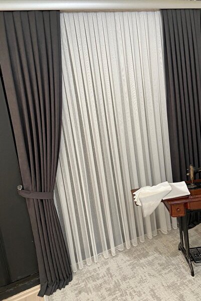 VOLPER MEKANİK Velvety Island Background Curtain 1 Piece 100 Cm Single Wing 1 X 2.5 Pleat Anthracite Color (Renso Gift)