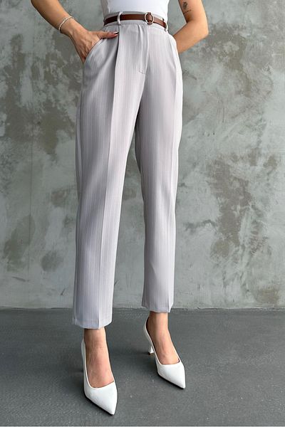 macharel jeans women's narrow leg pleated belt seasonal fabric trousers striped gray