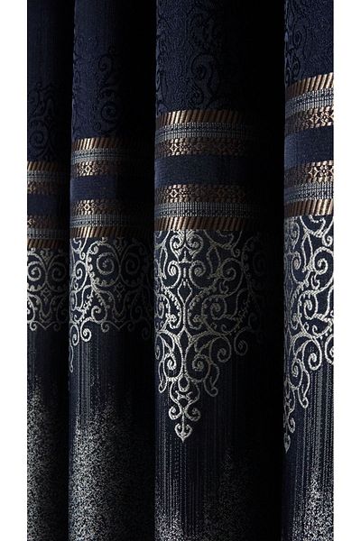 Yuka Board Background Curtain Navy Blue Gray - Single Wing with Gold Stripe Frequent Pleated Jacquard Bright Pattern