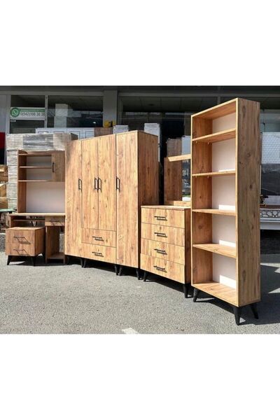 OnurEvimde Genç Odası Takımı Gardolap, Çalışma masası, Şifonyer, Komidin,Kitaplık Çam KURULU TESLİM