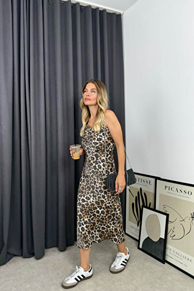 Sue Store Askılı Leopar Desenli Elbise