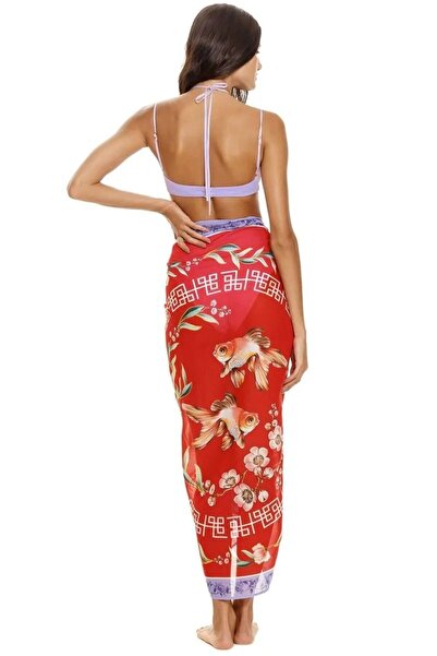 MAG FASHİON Shiny Soft Silk Satin Pareo with Fish Flower Pattern - 145 cm/100 cm