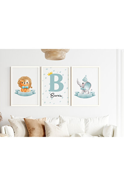 Efsa Sanat Tasarım İsme Özel Çerçeveli Erkek Çocuk Odası Tablo Seti - Bebek Odası Tablosu - Modern Tablo Seti