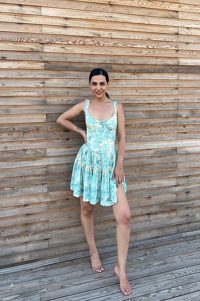 Seda Yalçın Atelier Mint Green Gather Detailed Patterned Dress