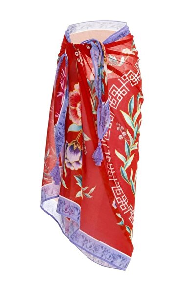 MAG FASHİON Shiny Soft Silk Satin Pareo with Fish Flower Pattern - 145 cm/100 cm