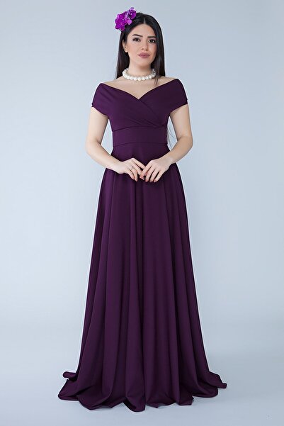 Bidoluelbise Kayık Kruvaze Yaka Düşük Omuz Dokuma Dökümlü Kumaş Maxi Boy Davet & Mezuniyet & Abiye Elbise