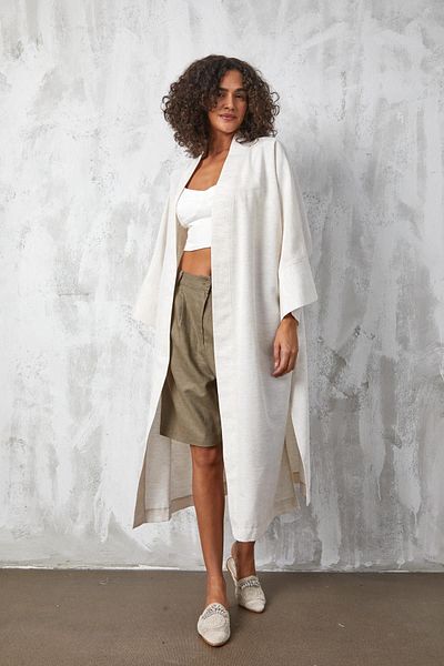 minaaise Natur Linen Embroidered Long Kimono 27227